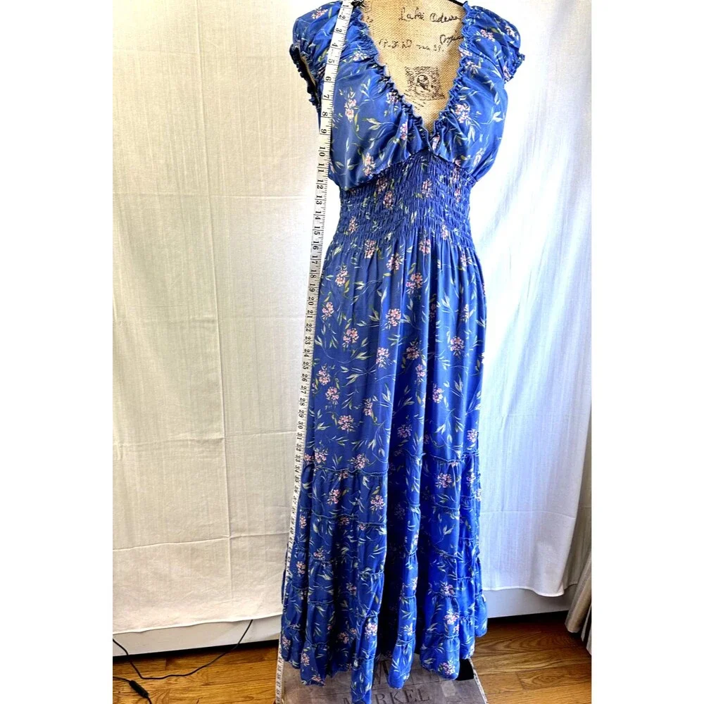 Iconique Women's Blue Floral Midi Polysilk Sun Dress SZ L Made in Italy